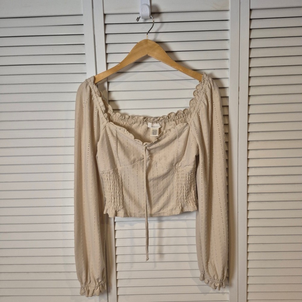 Urban Romantics Beige Eyelet‎ Crop Top Puff Sleeve Peasant Blouse Boho S/M